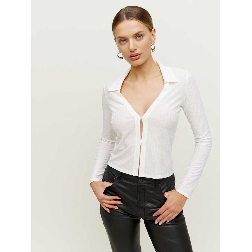 Reformation Shanna Button Front Polo Long Sleeve Top White XS Old Money Fall